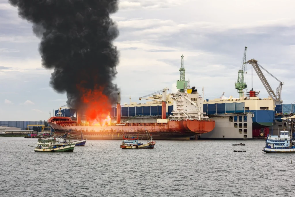 A large ship on fire at a port with thick black smoke rising into the sky, surrounded by smaller boats on the water.