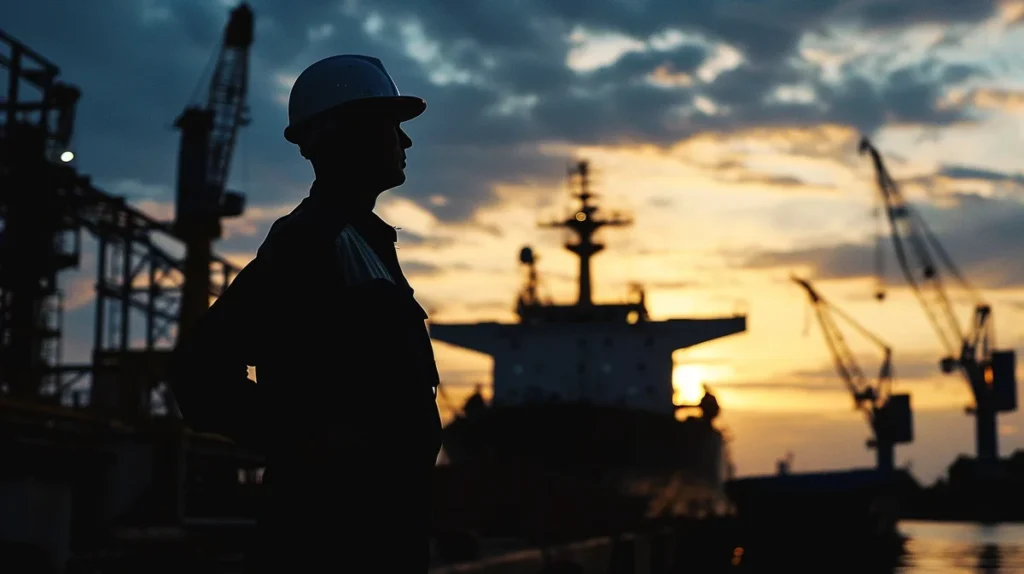 The image shows the silhouette of a maritime worker wearing a hard hat, standing near a dock with cranes and a vessel in the background during sunset.