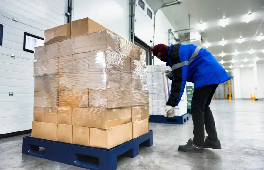 Cargo surveyor inspecting palletized goods in a refrigerated warehouse