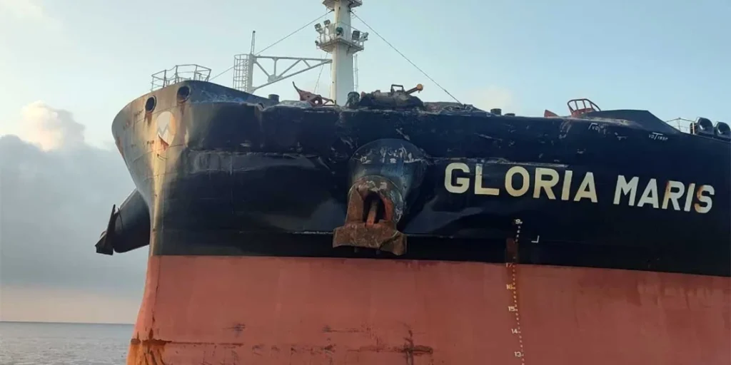 Visible damage to the bow of the oil tanker Gloria Maris after a maritime collision