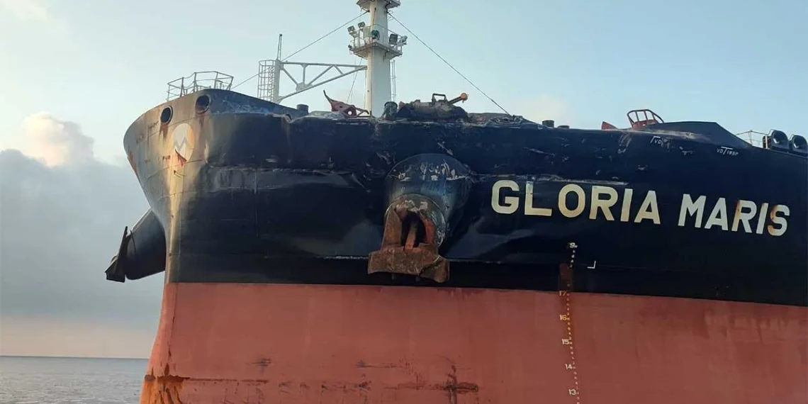 Visible damage to the bow of the oil tanker Gloria Maris after a maritime collision