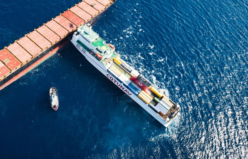 Hull claims incident – container vessel collision at sea captured from above